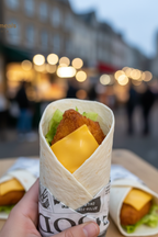 Tacos wrap - tortilla avec poulet croustillant, fromage fondu et légumes frais, emballé style street food