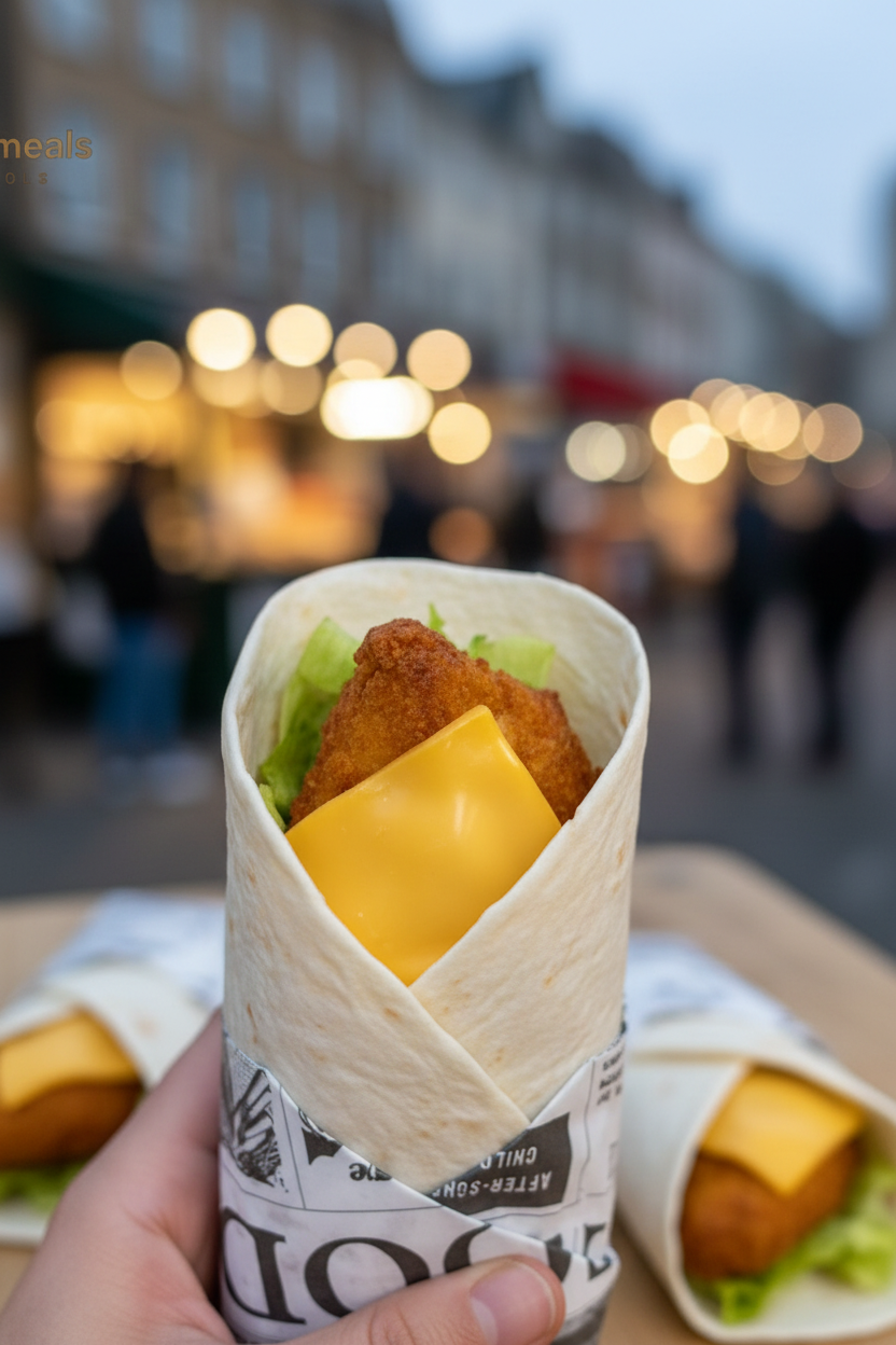 Tacos wrap - tortilla avec poulet croustillant, fromage fondu et légumes frais, emballé style street food