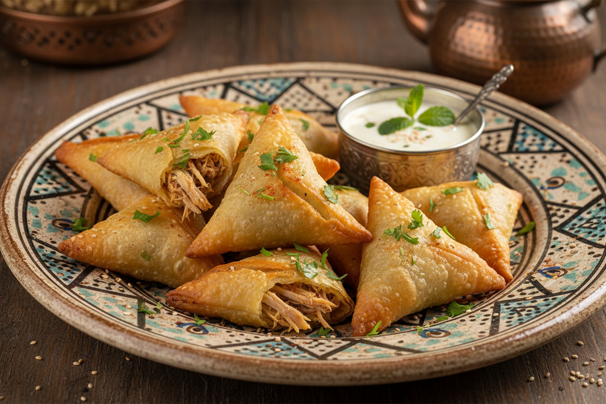 Mini Briwat Poulet - Moroccan crispy golden pastry triangles filled with spiced chicken and fresh herbs