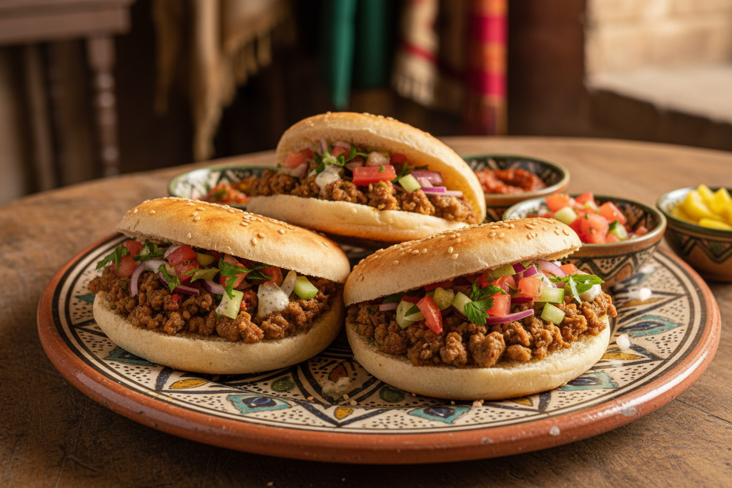 Mini Betbout - Moroccan street food small round soft bread stuffed with seasoned meat and fresh vegetables