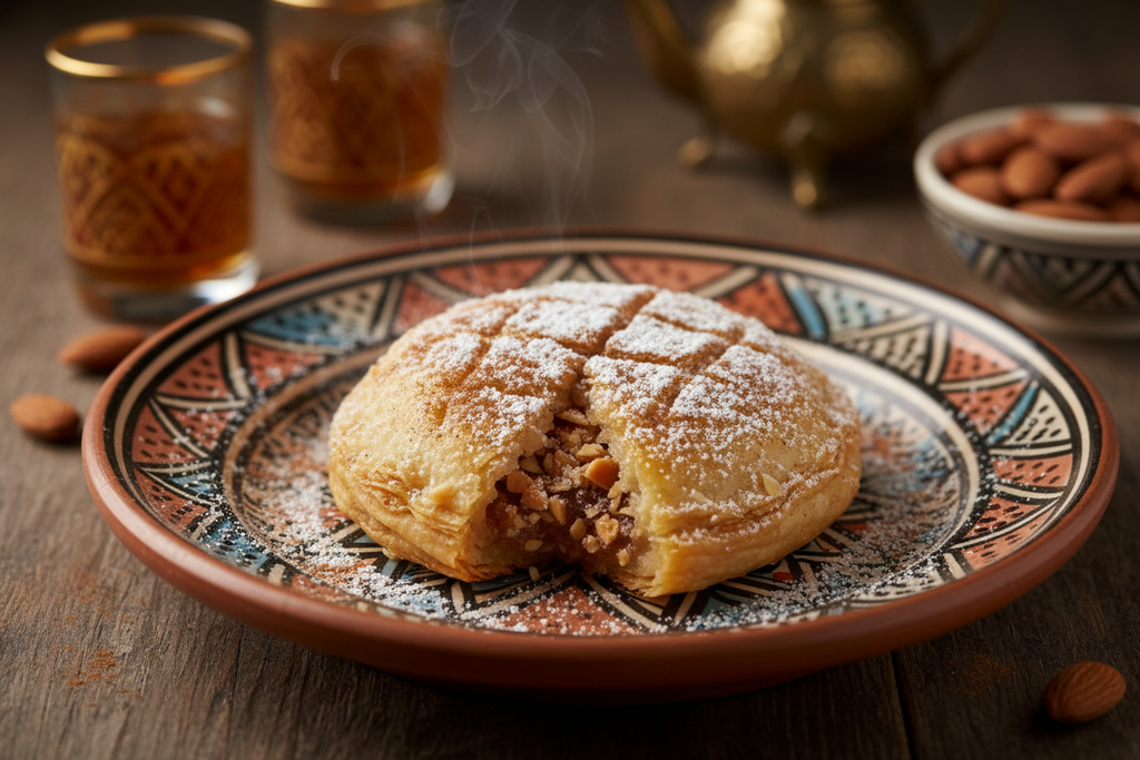 Mini pastilla de louz marocaine, pâte warqa dorée saupoudrée de sucre glace et cannelle sur assiette en céramique