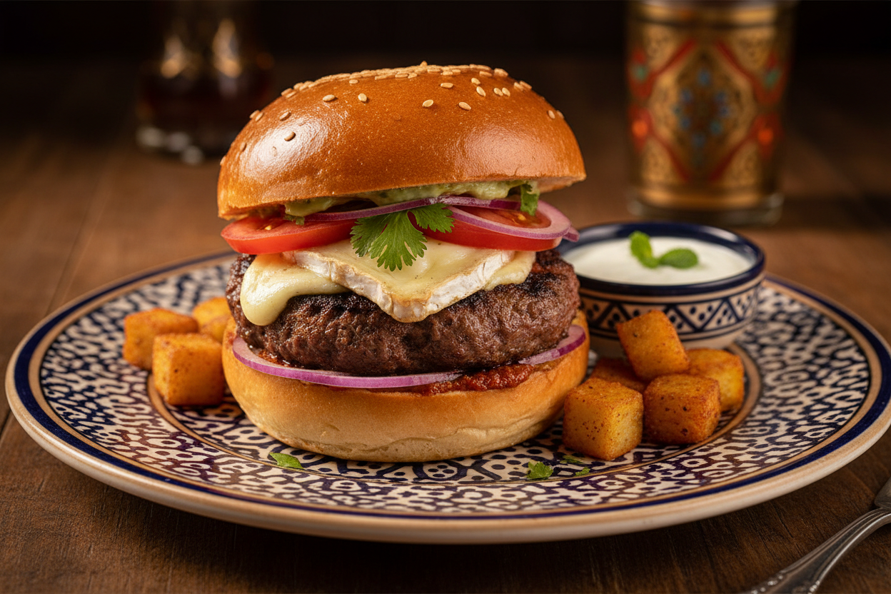 Mini Hamburger - Moroccan-style gourmet mini burger with brioche bun, seasoned beef patty, fresh vegetables and melted cheese