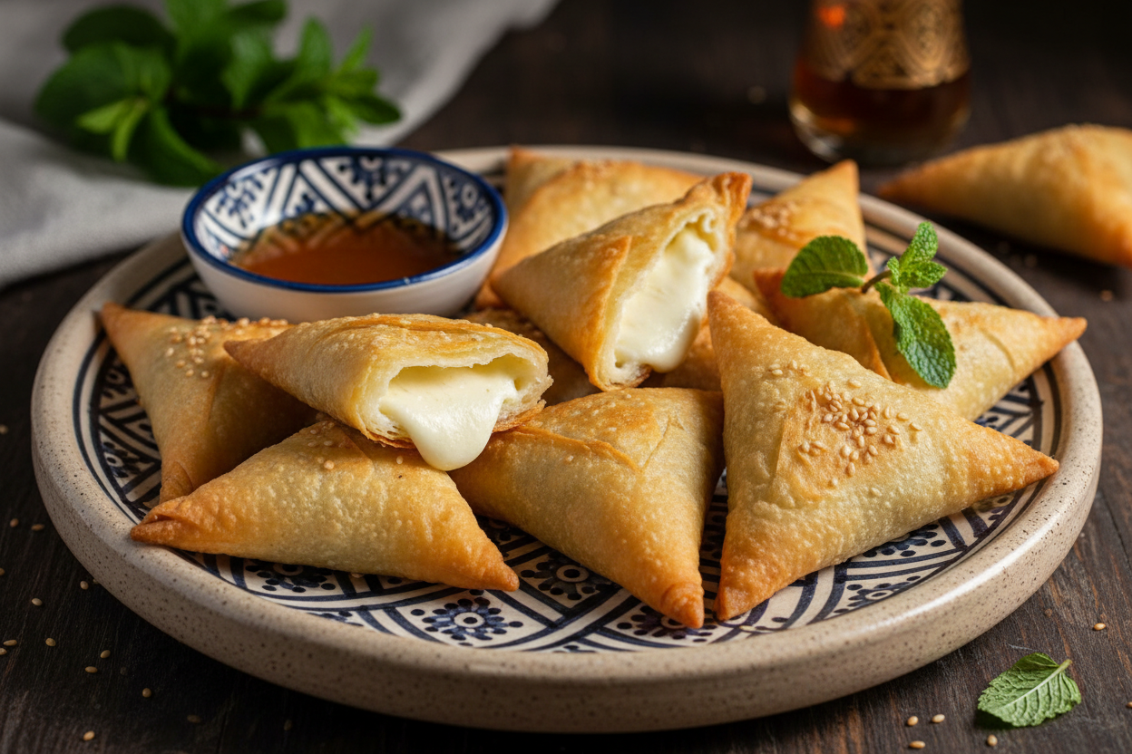 Mini Briwat Fromage - Moroccan crispy golden pastry triangles filled with melted creamy cheese