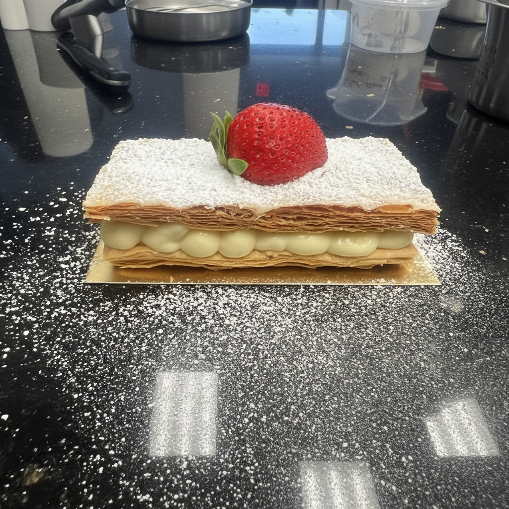 Classic French Napoléon Mille-Feuilles with puff pastry, vanilla cream and fresh strawberry